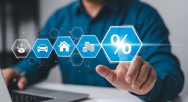 Man navigates digital icons for financing options including home, car, and personal loans with percentage interest rates