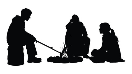 Friends around campfire silhouette isolated on white background, Vector