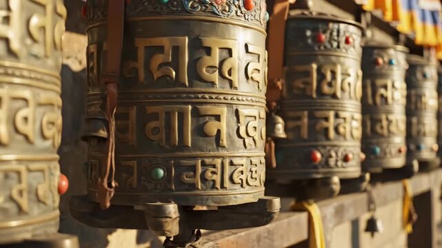 Close up of traditional Tibetan Buddhist prayer wheels spinning in a row.
