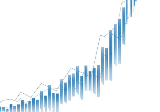 Blue bar chart and line graph showing upward trend and growth isolated on transparent background