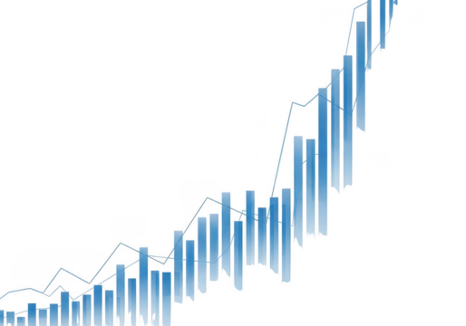 Blue bar chart and line graph showing upward trend and growth isolated on transparent background - Powered by Adobe