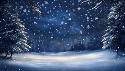 Winter landscape with trees and snowflakes.