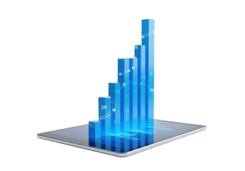 3d glowing blue bar graph rising from a tablet screen, isolated on transparent background