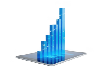3d glowing blue bar graph rising from a tablet screen, isolated on transparent background