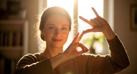 Woman showing autism awareness hand sign for symbol of love and acceptance for autism support. World Autism Day.
