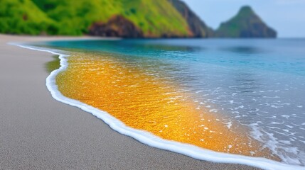 Tranquil Tropical Beach Scene at Golden Hour With Gentle Waves Washing Ashore on Pebbled Sand With Lush Green Hills in the Background Under a Clear Blue Sky