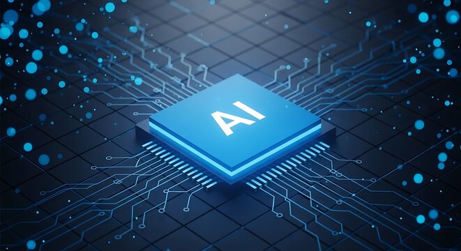 Stunning AI chip powering advanced technology with glowing circuits and futuristic blue digital network connections