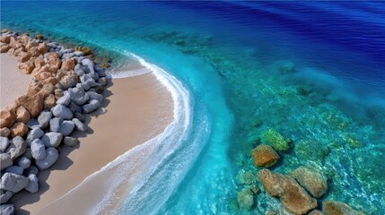 Turquoise Beach Cove With Rocky Shoreline And Crystal Clear Water With Sunlit Refractions And Colorful Underwater Rocks Viewed From Above
