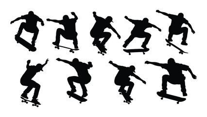 Skateboarder silhouettes performing tricks isolated on white background, Vector