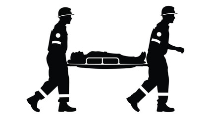 Paramedics transporting patient on stretcher silhouette isolated on white background, Vector