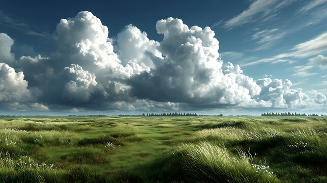 Vast green field with dramatic clouds rolling in over a distant tree line