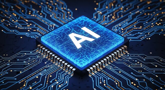 Stunning AI processor glowing with digital intelligence on a futuristic circuit board, symbolizing innovation and advanced technology for modern businesses.
