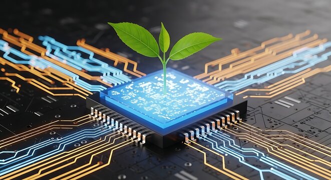 Vibrant green sprout flourishes from glowing futuristic circuit board, symbolizing innovation and sustainable technology growth