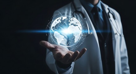 Doctor expertly holds glowing digital globe symbolizing global healthcare innovation and interconnected medical research advancements worldwide