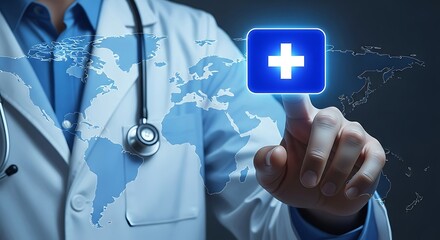 Doctor's hand touches glowing plus sign over world map, symbolizing global healthcare innovation and digital medical access.