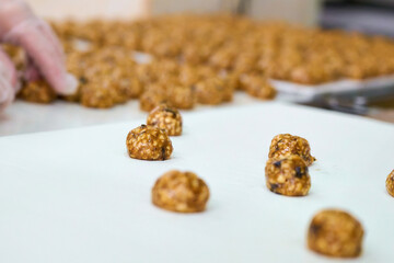 Hand-placed grillage being arranged on conveyor during production in a busy food processing facility