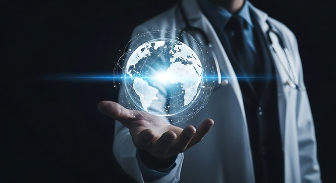 Doctor expertly holds glowing digital globe symbolizing global healthcare innovation and interconnected medical research advancements worldwide - Powered by Adobe