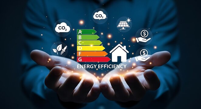 Hands holding icons symbolizing energy efficiency, CO2 reduction, solar power, and cost savings for a sustainable future.