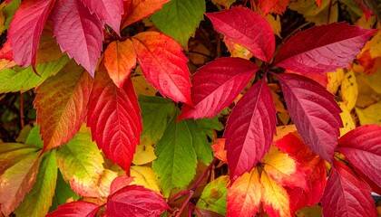 Close-up of vibrant autumn leaves showcasing shades of red, orange, yellow, and green, arranged naturally