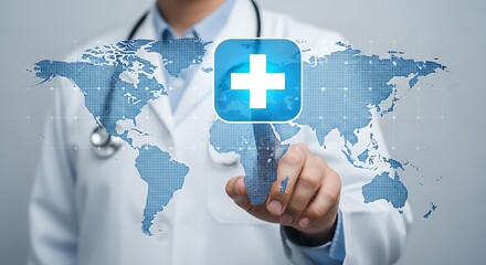 Doctor interacting with global health network interface, touching a digital world map with medical cross icon for worldwide healthcare solutions and innovation