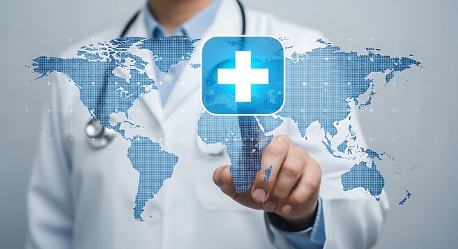 Doctor interacting with global health network interface, touching a digital world map with medical cross icon for worldwide healthcare solutions and innovation