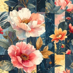 Digital floral pattern. Large, blooming flowers and leaves are set against a patterned background with squares. Warm hues blend well