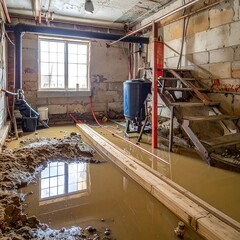 Interior view of flooded basement with water damage, exposed beams, and a water heater
