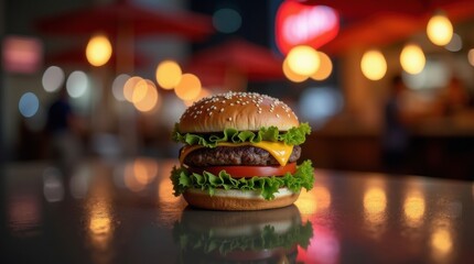 Juicy cheeseburger with lettuce and tomato on a reflective surface