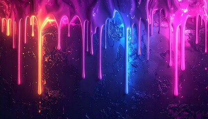 Vivid, stylized liquid dripping down, forming vertical streams. Colors blend from orange to pink and violet. The textured surface provides contrast