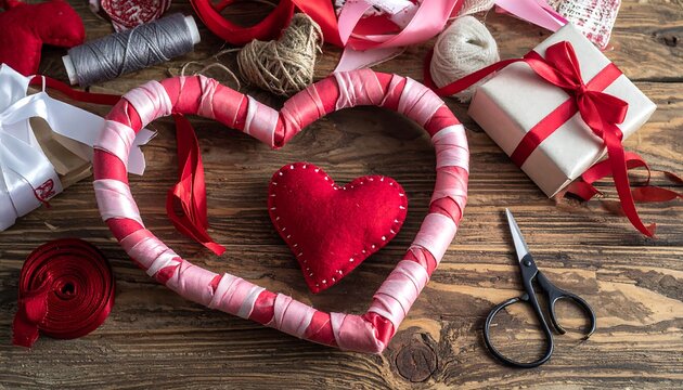 Overhead shot showing the DIY process of a heart-shaped wreath, red and white ribbons, with crafting tools - Powered by Adobe