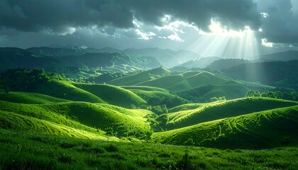 Rolling hills, bathed in sunlight breaking through stormy clouds, create a stunning landscape. Lush green vegetation fills the valleys and peaks