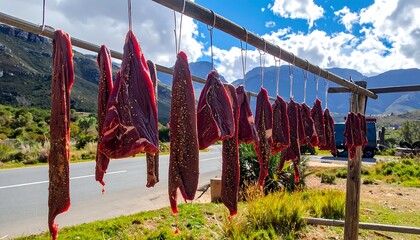 Slices of cured meat hang outdoors on a clothesline against a highway, distant hills, and partly cloudy sky