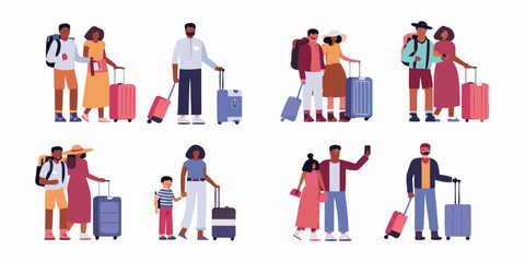 Diverse group of people with luggage traveling together on vacation or business trips