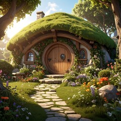 Whimsical cottage nestled amidst lush foliage, featuring a round door, arched windows, and a grassy rooftop