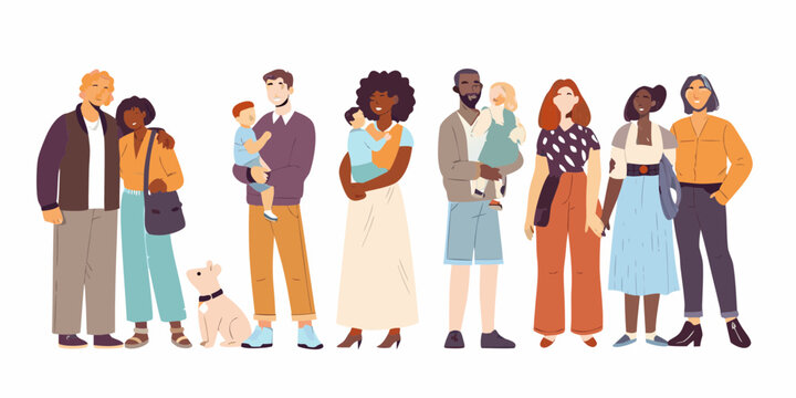 Diverse group of families and individuals standing together with a dog on a white background