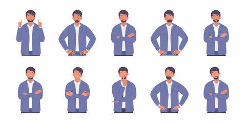 Set of business man characters showing different emotions and poses in flat design style