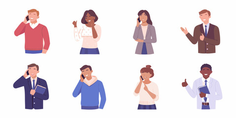 Diverse group of people happily talking on their mobile phones and showing positive gestures