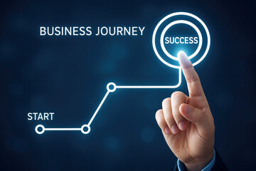 Obraz premium Businessman's finger pressing success button on digital business journey chart start goal
