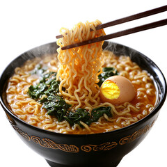 Exquisite bowl of ramen adorned with fresh greens and boiled egg perfection