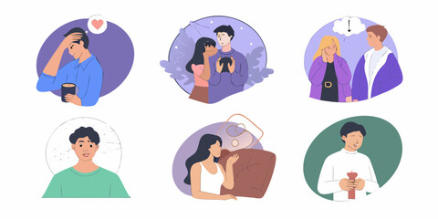 Fototapeta premium Set of six illustrations depicting various human emotions and relationships