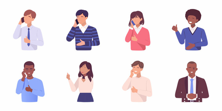 Diverse group of people smiling and talking on cell phones with thumbs up gesture