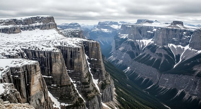 Dramatic mountain landscape with snow-covered cliffs and deep valley. - Powered by Adobe