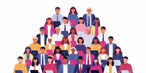Diverse group of professionals gathered together in a pyramid formation holding laptops and files