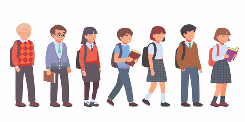 Diverse group of happy students in school uniforms carrying backpacks and books walking together