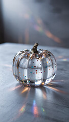 Elegant Decorative Glass Pumpkins with Colorful Metallic Dots on White Background &mdash; Luxury Minimal Autumn Decoration with Realistic Reflection and Golden Stems.