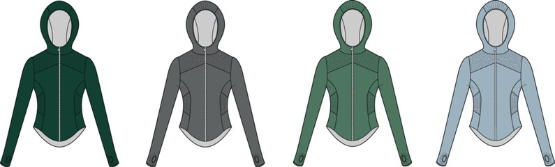 Vector template of women's athletic performance full zip hoodie jacket. Sportswear apparel mockups in multiple color variations for fashion design © Imrul