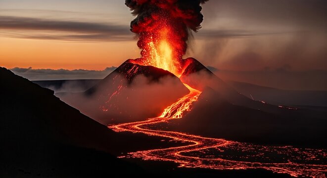 A powerful volcanic eruption spews molten lava and ash into the twilight sky.