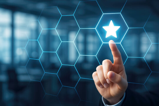 Finger touching a glowing star icon within a blue hexagonal grid on a blurred office background image