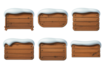 Rustic wooden signs with snowy tops perfect for winter holiday messages, seasonal greetings, and festive announcements