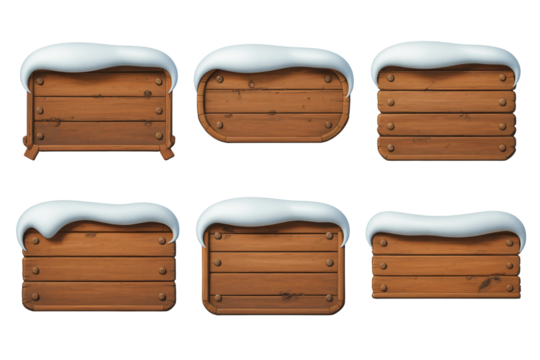 Rustic wooden signs with snowy tops perfect for winter holiday messages, seasonal greetings, and festive announcements